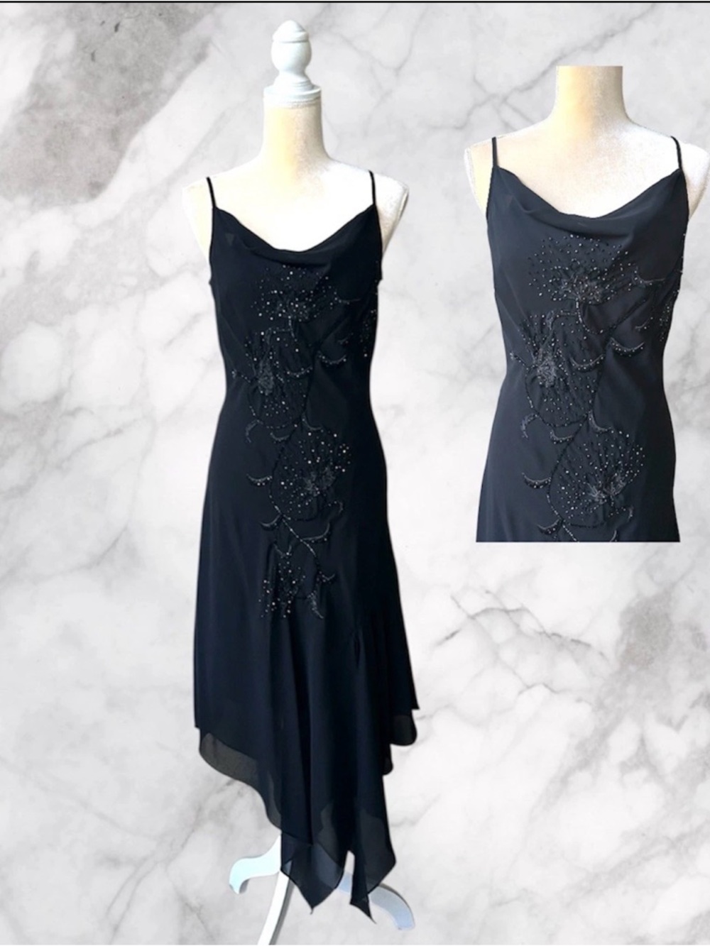 Black Midi Slip Dress Sz 8 Beaded Asymmetric Hem Cowl Embroidered Whimsygoth